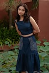 RIVI_Blue Hemp Hand Embroidered Katha Round Oceanic Shoulder Cut-out Top With Skirt _Online_at_Aza_Fashions