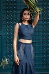 Buy_RIVI_Blue Hemp Hand Embroidered Katha Round Oceanic Shoulder Cut-out Top With Skirt _Online_at_Aza_Fashions