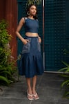 RIVI_Blue Hemp Hand Embroidered Katha Round Oceanic Shoulder Cut-out Top With Skirt _at_Aza_Fashions