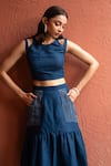 Buy_RIVI_Blue Hemp Hand Embroidered Katha Round Oceanic Shoulder Cut-out Top With Skirt 