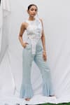 Buy_RIVI_White Premium Hemp Hand Embroidered High Neck Serene Asymmetric Top With Pant _at_Aza_Fashions