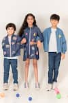 Panchhi by Kanupriya Tibrewala_Blue Soft Denim Embroidered Thread Full Of Joy Patchwork Bomber Jacket _Online_at_Aza_Fashions