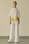 Buy_Somya Goyal_White Microfibre Faille- 95% Landscape Hem Top And Stella Flared Trouser Set _at_Aza_Fashions