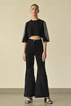 Buy_Somya Goyal_Black 95% Viscose Blend Sleeve Crop Top And Gradated Bell Bottom Trouser Set _at_Aza_Fashions