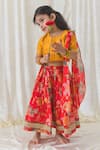 Shop_Tiber Taber_Red Blouse Chanderi Cotton Silk Printed Floral Fun Flared Lehenga Set _at_Aza_Fashions