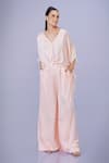 Buy_DILNAZ_Peach Blended Satin Solid V Neck Front Ruched Draped Kaftan _at_Aza_Fashions