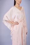 DILNAZ_Peach Blended Satin Solid V Neck Front Ruched Draped Kaftan _Online_at_Aza_Fashions