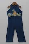 Buy_Little Brats_Blue Silk Blend Embellished Beads Cheetah Threadwork Jumpsuit _at_Aza_Fashions