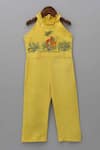 Buy_Little Brats_Yellow Silk Blend Embellished Beads Cheetah Threadwork Jumpsuit _at_Aza_Fashions