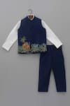 Shop_Little Brats_Blue Cotton Blend Embellished Beads Cheetah Threadwork Waistcoat Pant Set _Online_at_Aza_Fashions