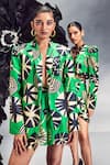 Maison Blu_Emerald Green Silk Printed Abstract Shawl Collar Geometric Blazer With Shorts _Online_at_Aza_Fashions