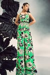 Maison Blu_Emerald Green Crepe Printed Abstract Cutout Geometric Jumpsuit With Belt _Online_at_Aza_Fashions