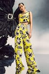 Buy_Maison Blu_Yellow Crepe Printed Abstract Round Geometric Crop Top With Pant _at_Aza_Fashions