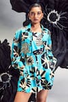 Buy_Maison Blu_Blue Sheer Silk Printed Abstract Collar Geometric Cargo Jumpsuit With Jacket _at_Aza_Fashions