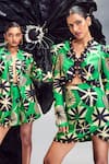 Maison Blu_Emerald Green Silk Printed Abstract V-neck Rick Rack Studded Jacket With Skirt _Online_at_Aza_Fashions