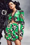 Shop_Maison Blu_Emerald Green Silk Printed Abstract V-neck Rick Rack Studded Jacket With Skirt _Online_at_Aza_Fashions