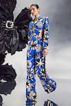 Buy_Maison Blu_Blue Silk Printed Abstract Notched Lapel Cutout Blazer With Studded Pant _at_Aza_Fashions