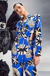 Buy_Maison Blu_Blue Silk Printed Abstract Notched Lapel Cutout Blazer With Studded Pant _Online_at_Aza_Fashions