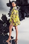 Shop_Maison Blu_Yellow Sheer Silk Printed Abstract Open Front Studded Cape With Shorts _at_Aza_Fashions