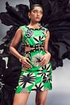 Buy_Maison Blu_Emerald Green Silk Printed Abstract Round Rick Rack Studded Mini Dress _Online_at_Aza_Fashions