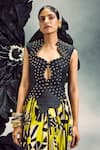 Buy_Maison Blu_Yellow Crepe Printed Abstract Sweetheart Metal Studded Top With Draped Skirt _Online_at_Aza_Fashions