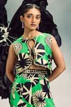 Buy_Maison Blu_Emerald Green Crepe Printed Abstract Studded Loop Hole Crop Top With Sharara _Online_at_Aza_Fashions