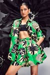 Shop_Maison Blu_Emerald Green Silk Printed Abstract Collar Rick Rack Studded Shirt With Shorts _Online_at_Aza_Fashions