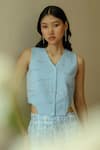 MUVAZO_Sky Blue Poly Interlock Hand Embroidered Beads V-neck Belle Waistcoat _at_Aza_Fashions