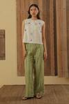 Buy_MUVAZO_Green Lurex Dobby Hand Embroidered Silver Metal Weave Pant _at_Aza_Fashions