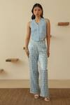 Buy_MUVAZO_Sky Blue Waistcoat Poly Interlock Hand Belle With Abstract Print Pant _at_Aza_Fashions