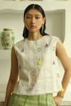 MUVAZO_White Lurex Dobby Hand Embroidered Silver Metal Round Weave Top With Pant _at_Aza_Fashions