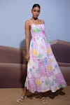 Buy_Pop Sugar_Multi Color 100% Cotton Printed Patches Straight Paradise Dream Tiered Dress _at_Aza_Fashions