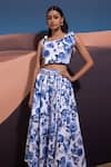 Shop_Pop Sugar_White Cotton Floral Round Enchanted Azure Blossom Crop Top With Skirt _at_Aza_Fashions