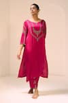 Buy_Sarang Kaur_Pink Kurta Satin Georgette Hand Embroidered Thread Round Anya With Pant _at_Aza_Fashions