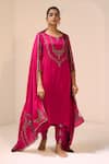 Sarang Kaur_Pink Kurta Satin Georgette Hand Embroidered Thread Round Anya With Pant _Online_at_Aza_Fashions