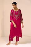 Sarang Kaur_Pink Kurta Satin Georgette Hand Embroidered Thread Round Anya With Pant _at_Aza_Fashions