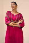 Buy_Sarang Kaur_Pink Kurta Satin Georgette Hand Embroidered Thread Round Anya With Pant 