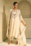 Buy_Sarang Kaur_White Kurta Satin Georgette Hand Embroidered Thread Round Anya Yoke With Pant 