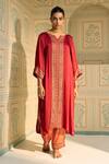 Buy_Sarang Kaur_Red Kurta Satin Georgette Hand Embroidered Beads Notched Seerat With Pant _at_Aza_Fashions