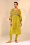 Buy_Sarang Kaur_Green Kurta Satin Georgette Hand Embroidered Thread Lavanya Floral With Pant _at_Aza_Fashions