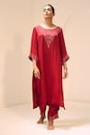 Buy_Sarang Kaur_Red Kurta Satin Georgette Hand Embroidered Thread Round Isha With Pant _at_Aza_Fashions