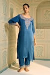 Buy_Sarang Kaur_Blue Kurta Satin Georgette Hand Embroidered Thread Isha Geometric With Pant _at_Aza_Fashions