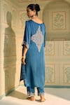 Shop_Sarang Kaur_Blue Kurta Satin Georgette Hand Embroidered Thread Isha Geometric With Pant _at_Aza_Fashions