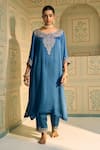 Sarang Kaur_Blue Kurta Satin Georgette Hand Embroidered Thread Isha Geometric With Pant _Online_at_Aza_Fashions