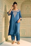 Buy_Sarang Kaur_Blue Kurta Satin Georgette Hand Embroidered Thread Isha Geometric With Pant _Online_at_Aza_Fashions