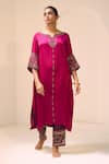 Buy_Sarang Kaur_Pink Kurta Satin Georgette Hand Embroidered Thread Notched Tarra With Pant _at_Aza_Fashions