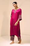 Sarang Kaur_Pink Kurta Satin Georgette Hand Embroidered Thread Notched Tarra With Pant _Online_at_Aza_Fashions