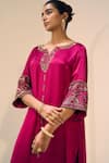 Buy_Sarang Kaur_Pink Kurta Satin Georgette Hand Embroidered Thread Notched Tarra With Pant _Online_at_Aza_Fashions