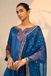 Sarang Kaur_Blue Organza Silk Hand Embroidered Thread Tarra Geometric Floral Dupatta _Online_at_Aza_Fashions