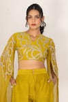 Pallavi Jaipur_Green Split V-neck Diagonal Stripe Embroidered Crop Top And Pant Set _at_Aza_Fashions